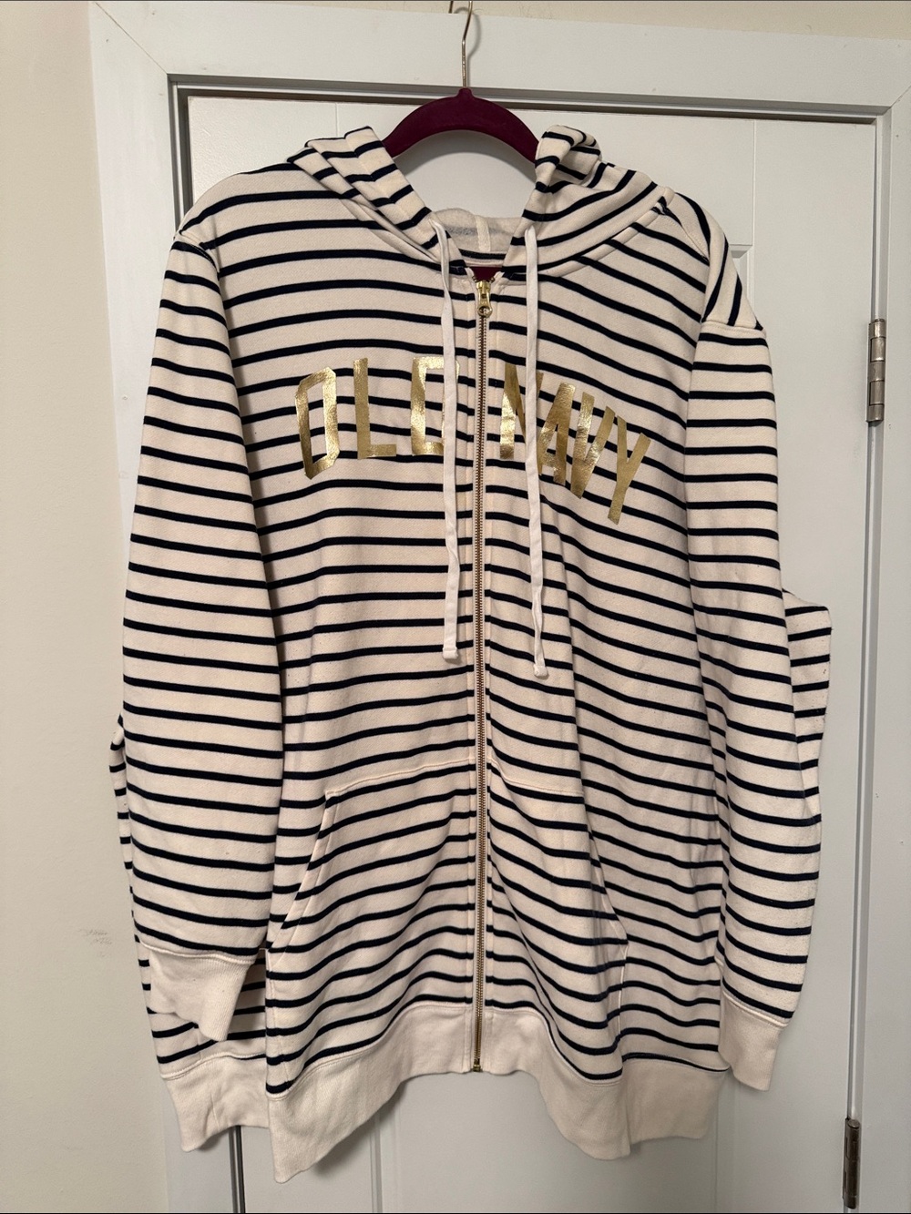 Old Navy Cream and Navy Striped Pullover Hoodie
